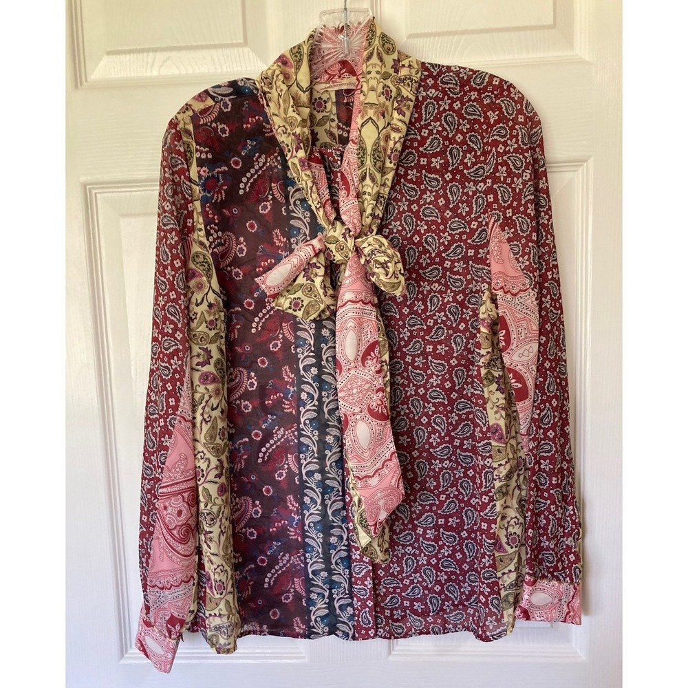 Soft Surroundings Blouse Paisley Patchwork Tie Neck Medium Boho Artsy Eclectic